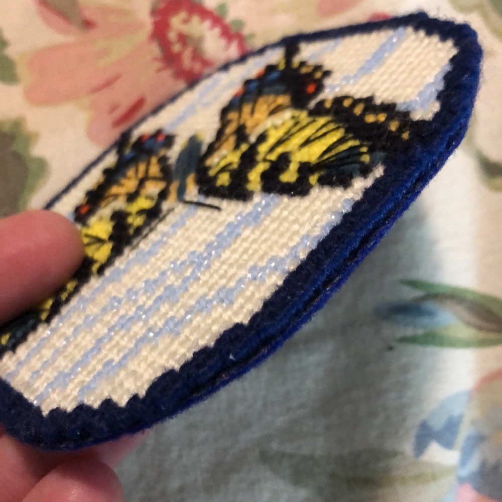 Vintage MONARCH BUTTERFLY Needlepoint in Clouds on Felt COASTER Set-of-6 4”x4” - Picture 6 of 16